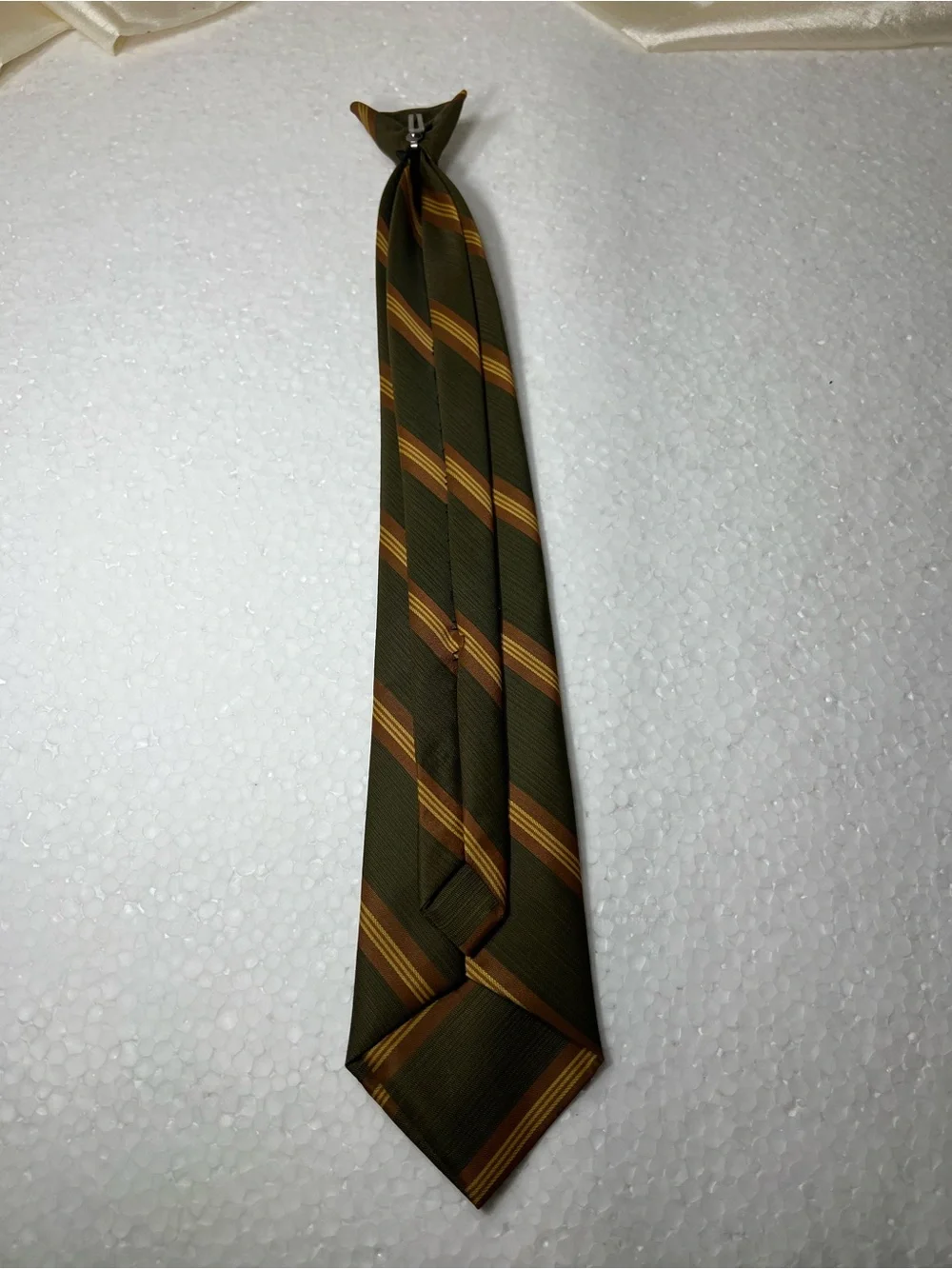 Men’s Striped Clip-On Necktie – Olive Green, Brown & Gold